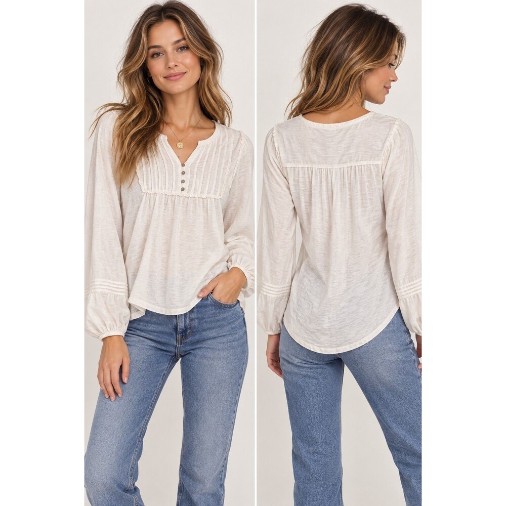 Ivory Romantic Pintuck Henley Peasant Top Lucky Brand Women’s XS Long Sleeve
